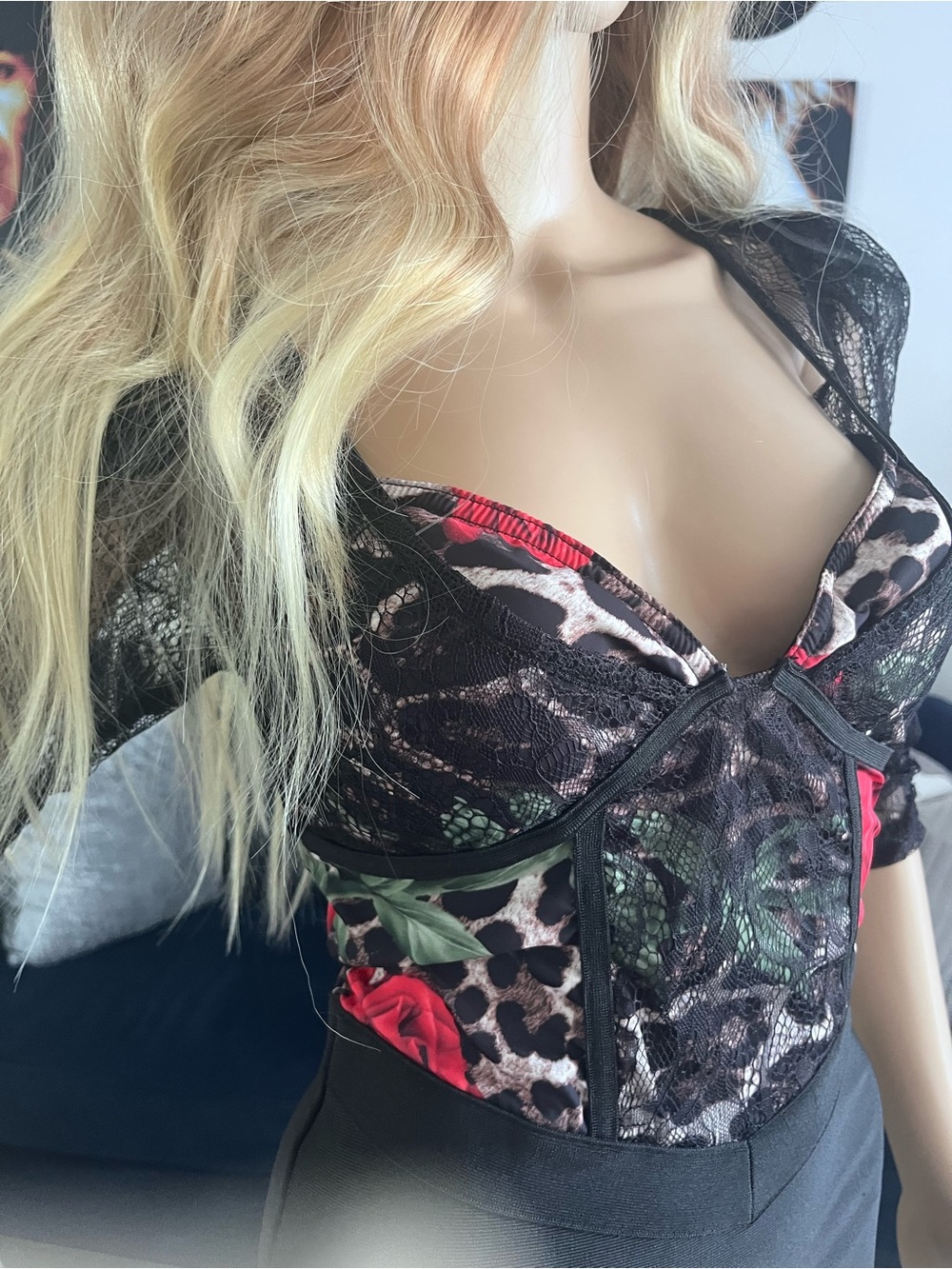 Black Lace Leopard Print Rose dress- Unbranded